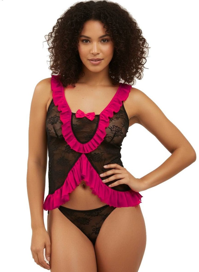 طقم لانجري دانتيل للنساء  بيبي دول بفيونكة حمراء وكشكشة أنيقة - Image 1