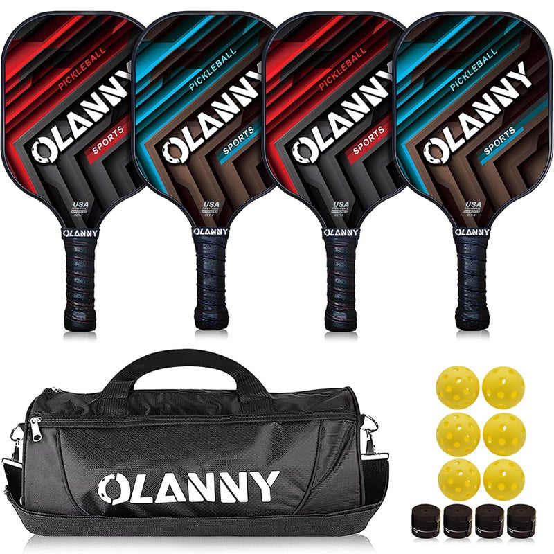 OLANNY Pickleball Paddles Set | Includes 4 Pickleball Paddles + 6 Balls+ 4 Replacement Soft Grip + 1 Portable Carry Bag | Premium Rackets Face & Polymer Honeycomb Core - Image 1
