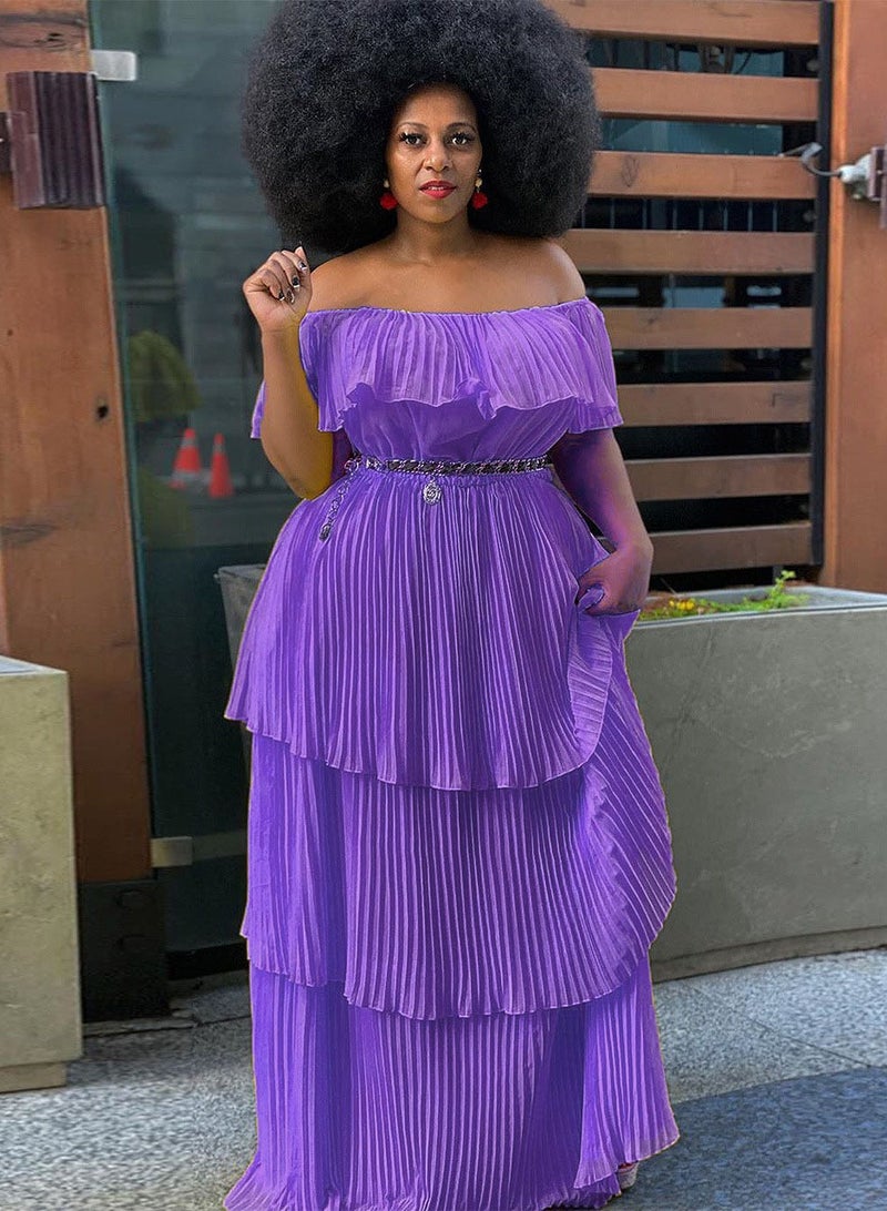 NIBEMINENT Party Dress Women Solid Off Shoulder Pleated Fashion Chiffon Elegant Maxi Dresses - Image 1