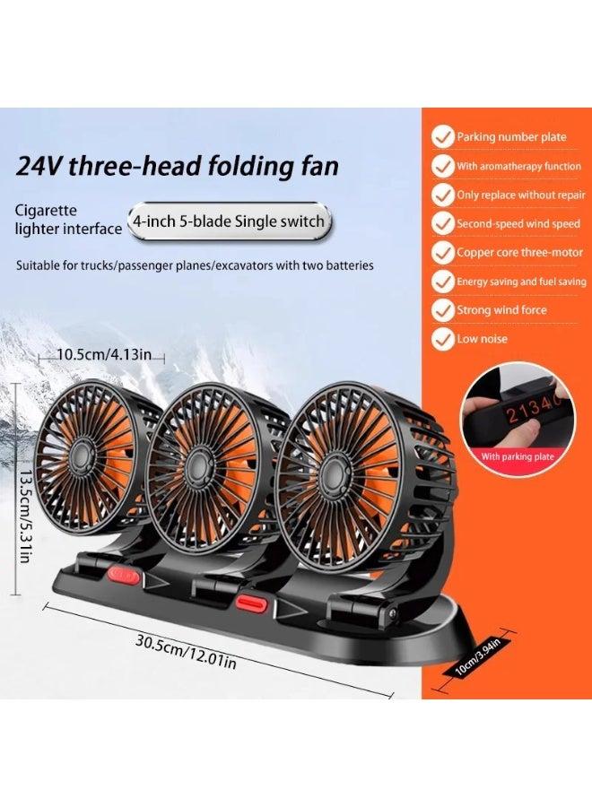 نيبمينينت 3 Head Car Cooling Fan, 360° Rotatable Adjustable 24V Cooling Air Fan Brushless Motor Low Noise Automobile Vehicle Fan with Aromatherapy Box and Parking Number Plate 2 Speeds Big Wind Power - Image 2