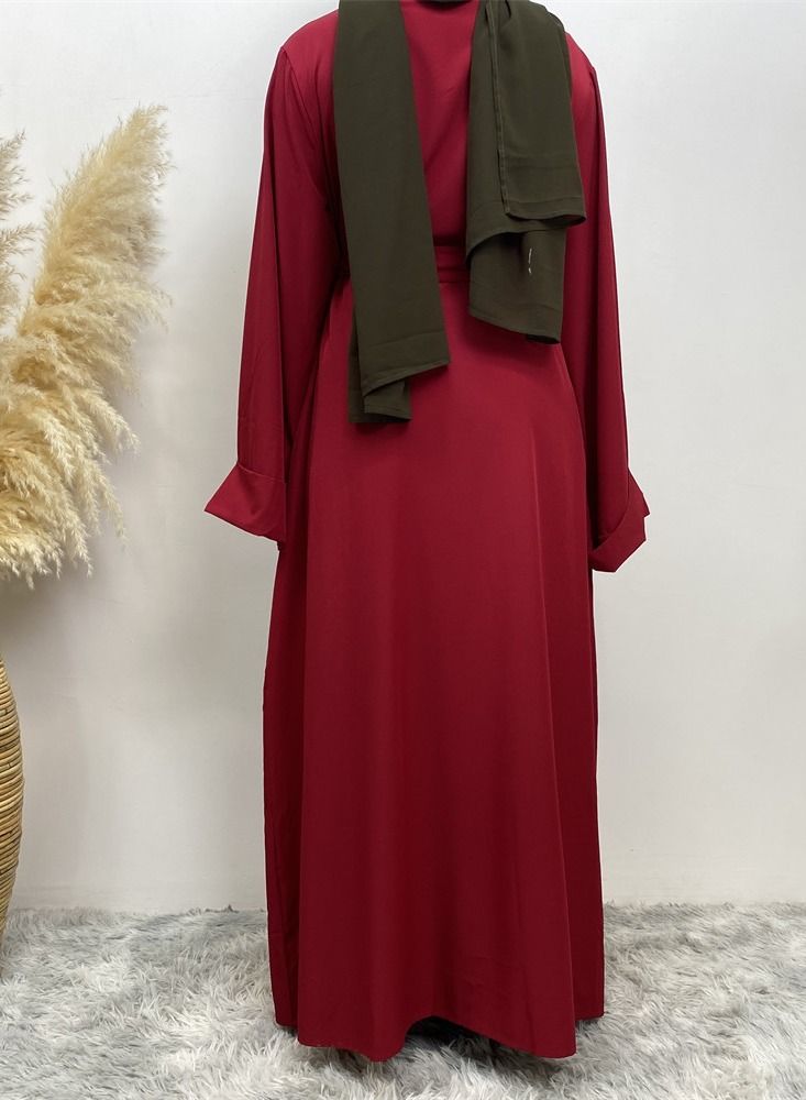 Loquat Pure Color Simple Cardigan Gown Abaya Red - Image 3