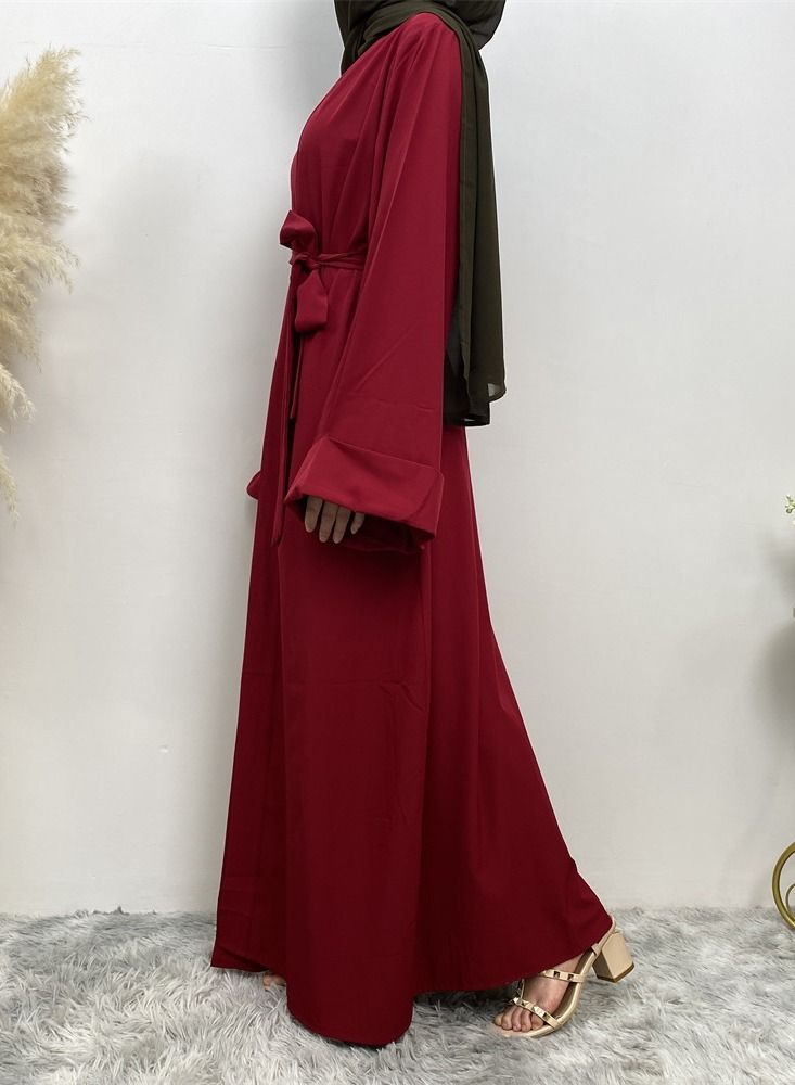 Loquat Pure Color Simple Cardigan Gown Abaya Red - Image 2