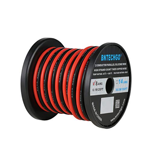 BNTECHGO 8 Gauge Flexible 2 Conductor Parallel Silicone Wire Spool Red Black High Resistant 200 deg C 600V for Single Color LED Strip Extension Cable Cord,Model,20ft Stranded Tinned Copper Wire - Image 3