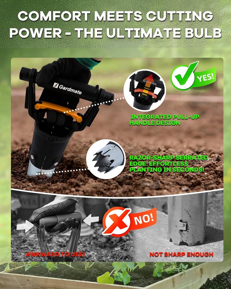 gardmate Store Bulb Planter Tool - One-Touch Automatic Bulb Planter for Bulbs, Seeds & Seedlings - 5" Depth Stainless Steel Garden Bulbs Dibber with Ergonomic Handle - No Bend Planting, Includes Gloves - Image 2