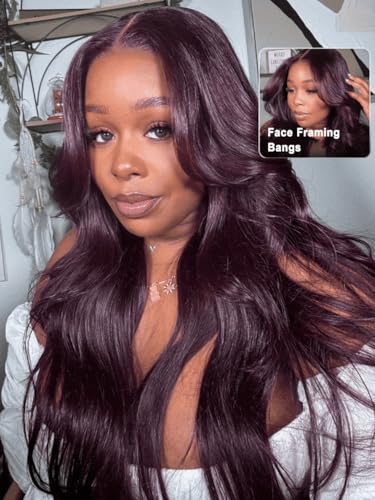 UNICE Black Cherry Body Wave 13x4 Lace Front Drawstring Wigs Human Hair with Face Framing Bangs Pre Everything Glueless Wig Human Hair Pre Plucked Pre Cut Bleached Knots for Women 18 inch - Image 3