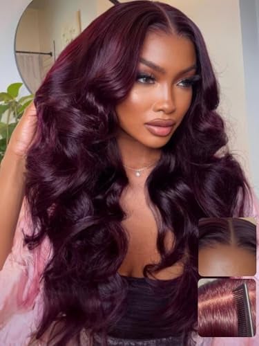 UNICE Black Cherry Body Wave 13x4 Lace Front Drawstring Wigs Human Hair with Face Framing Bangs Pre Everything Glueless Wig Human Hair Pre Plucked Pre Cut Bleached Knots for Women 18 inch - Image 1
