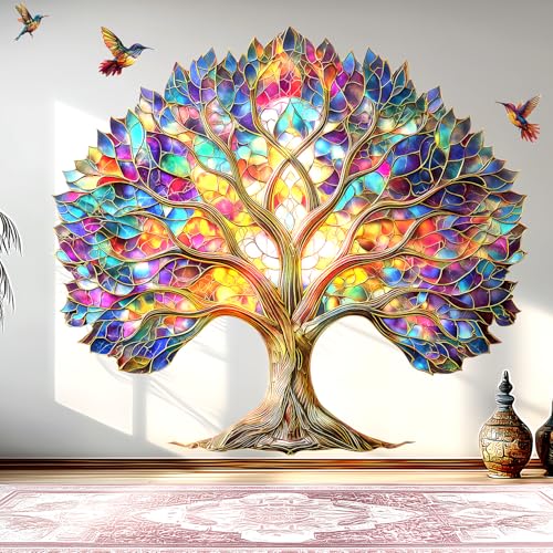 VePret Vibrant Tree of Life Wall Decals Peel and Stick,Stained Glass Leaves Wall Stickers & Murals, Removable Hummingbirds Home Decor Art for Bedroom Living Room Classroom Office - Image 4