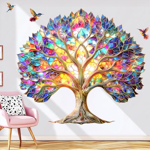 VePret Vibrant Tree of Life Wall Decals Peel and Stick,Stained Glass Leaves Wall Stickers & Murals, Removable Hummingbirds Home Decor Art for Bedroom Living Room Classroom Office - Image 1