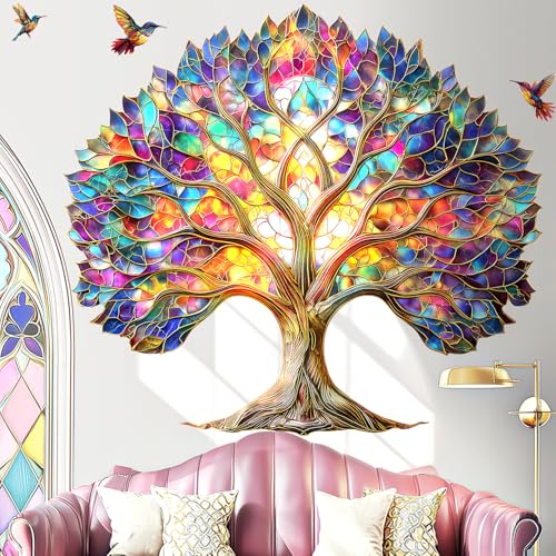 VePret Vibrant Tree of Life Wall Decals Peel and Stick,Stained Glass Leaves Wall Stickers & Murals, Removable Hummingbirds Home Decor Art for Bedroom Living Room Classroom Office - Image 3