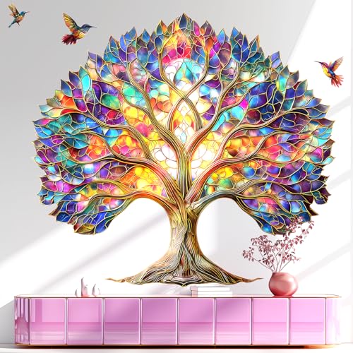 VePret Vibrant Tree of Life Wall Decals Peel and Stick,Stained Glass Leaves Wall Stickers & Murals, Removable Hummingbirds Home Decor Art for Bedroom Living Room Classroom Office - Image 5