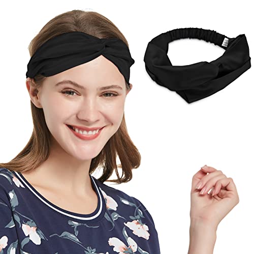 SOBONNY 100% Mulberry Silk Headband Women's Criss Cross Silk Turban Elastic Twisted Head Wrap Knotted Hair Band (black) - Image 1