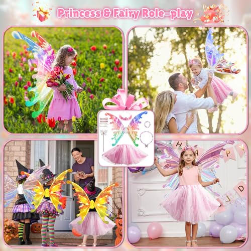 maysida Princess Dress up Costume with Electric Fairy Wings for Girls 3-8, Light Up Moving Butterfly Wings with LED Lights&Music, Christmas Birthday Gift Princess Dresses with Crown/Wand/Bracelets/Necklaces - Image 5