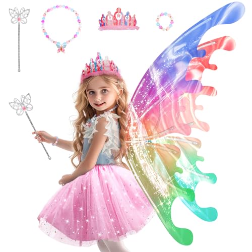 maysida Princess Dress up Costume with Electric Fairy Wings for Girls 3-8, Light Up Moving Butterfly Wings with LED Lights&Music, Christmas Birthday Gift Princess Dresses with Crown/Wand/Bracelets/Necklaces - Image 1