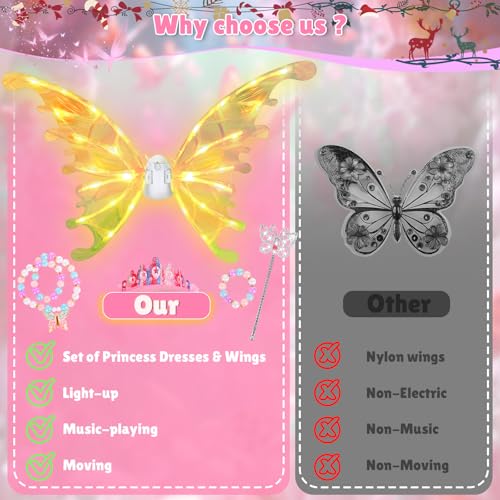 maysida Princess Dress up Costume with Electric Fairy Wings for Girls 3-8, Light Up Moving Butterfly Wings with LED Lights&Music, Christmas Birthday Gift Princess Dresses with Crown/Wand/Bracelets/Necklaces - Image 3