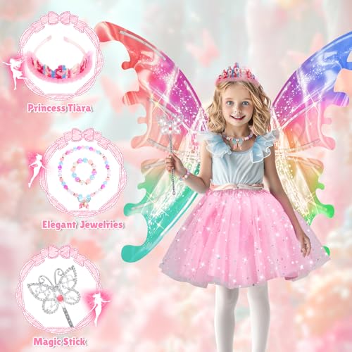 maysida Princess Dress up Costume with Electric Fairy Wings for Girls 3-8, Light Up Moving Butterfly Wings with LED Lights&Music, Christmas Birthday Gift Princess Dresses with Crown/Wand/Bracelets/Necklaces - Image 2