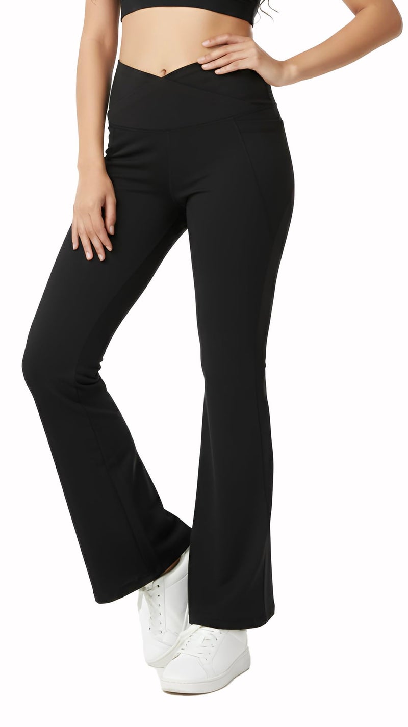 Rock Paper Scissors Premium Flare Gym Pants High Waist Stretchable Flared Leggings with Pockets & Cross Belt Gym wear/Active Wear Tights Yoga Pants Zumba/Dance Womens Workout Tights Gym Tight Black - Image 1