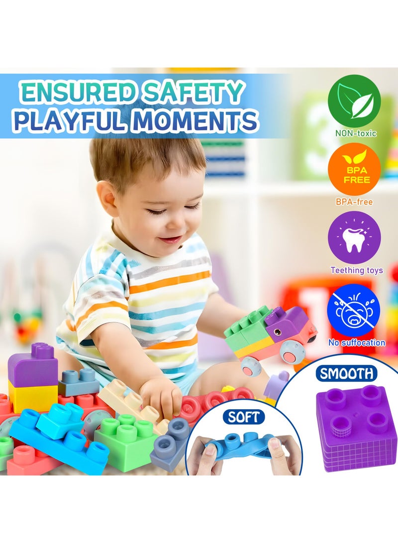 50 PCS Soft Rubber Building Blocks Set, Montessori Education Toy, STEM DIY Blocks for Early Development, 3D Boilable Bite-Resistant Teethers, Safe  Smooth Silicone Sensory Stacking Rock, Large Const  - Image 3