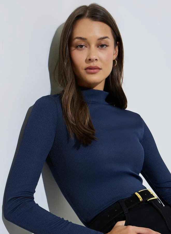 ستايلي Navy Blue Solid Fitted High Neck Knit Top