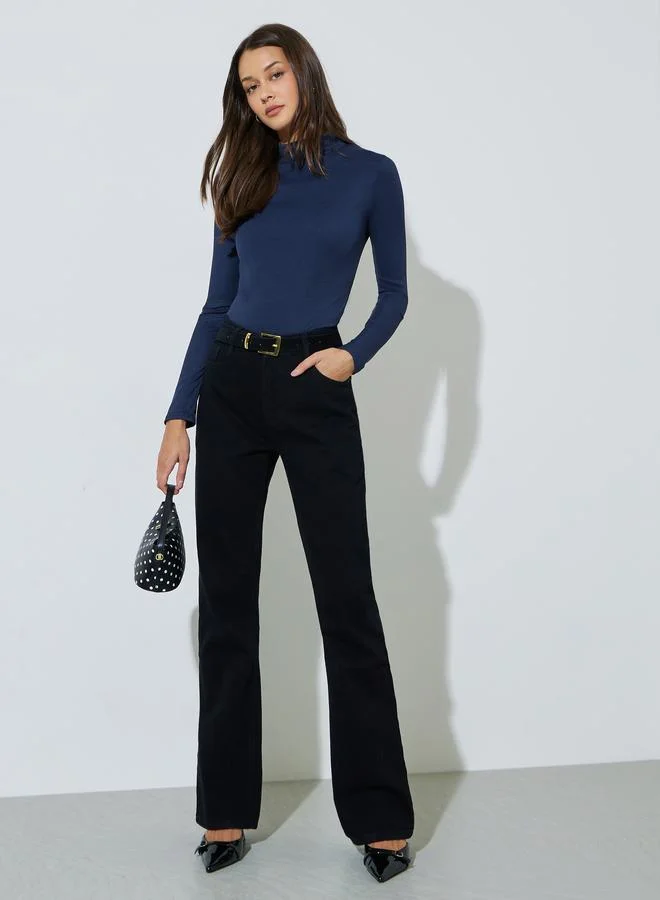 ستايلي Navy Blue Solid Fitted High Neck Knit Top