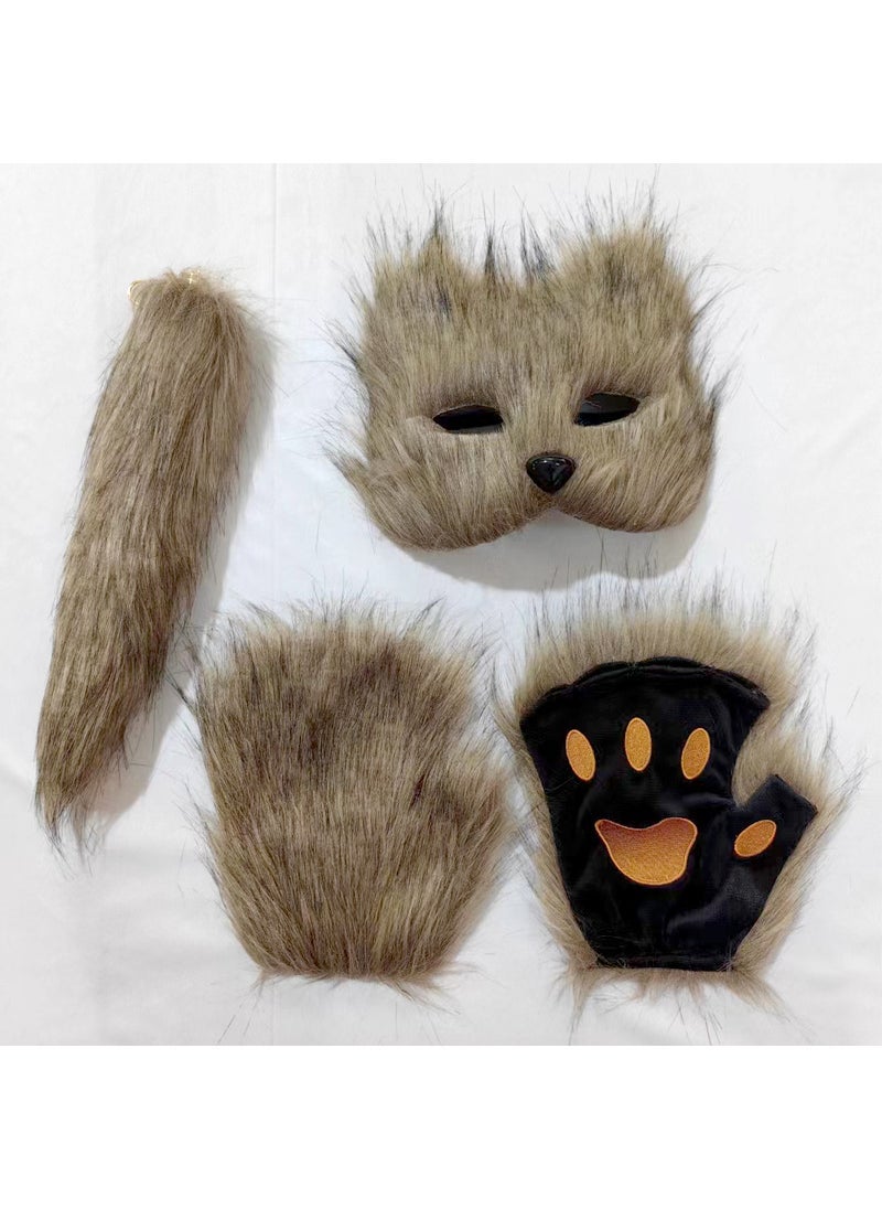 Party Fox Mask Glove Set Furry Fingerless Tail Costume Brown gray mask + tail + gloves