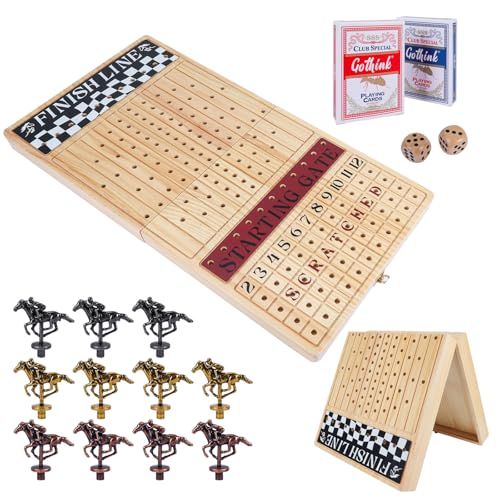 Offelec Large 23 inches Horse Race Board Game Premium Durable Foldable Wooden Box Horse Racing Game with 11 Retro Metal Horses 2 Dices and 2 Playing Cards Fun Family Night Games for Adults Kids - Image 1