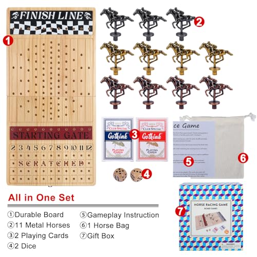 Offelec Large 23 inches Horse Race Board Game Premium Durable Foldable Wooden Box Horse Racing Game with 11 Retro Metal Horses 2 Dices and 2 Playing Cards Fun Family Night Games for Adults Kids - Image 5