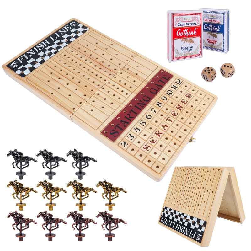 Offelec Large 23 inches Horse Race Board Game Premium Durable Foldable Wooden Box Horse Racing Game with 11 Retro Metal Horses 2 Dices and 2 Playing Cards Fun Family Night Games for Adults Kids - Image 3