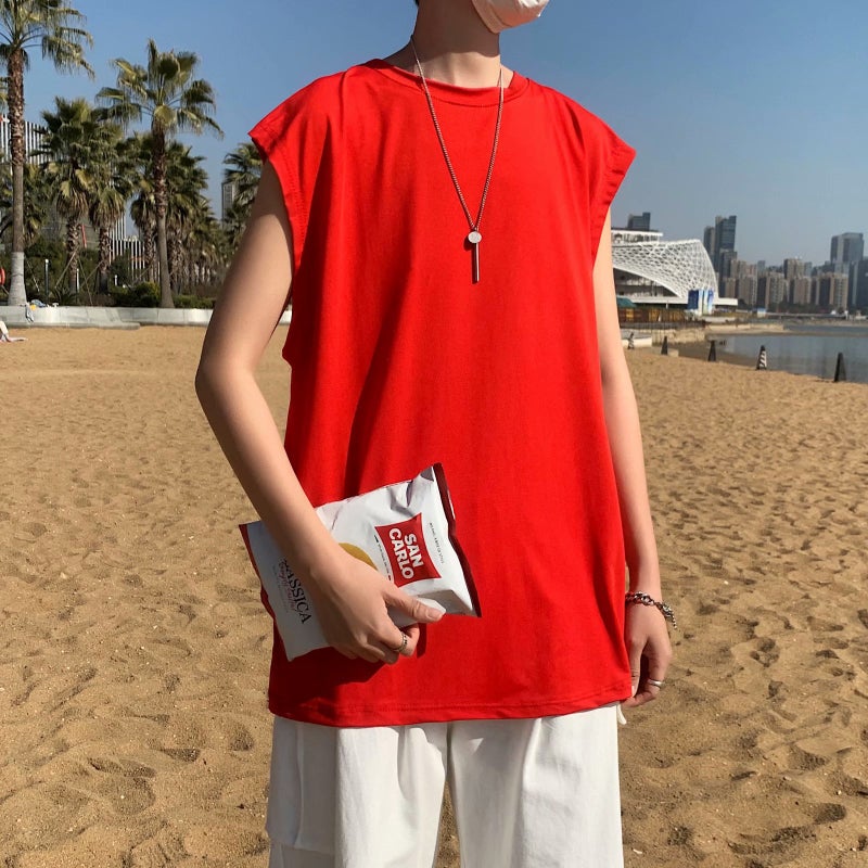 Hong Kong Style ins Summer Trendy Base Shirt Loose Sports Vest Sleeveless T-shirt Men's Korean-style Short-sleeved Outer Wear Solid Color Top - Image 3