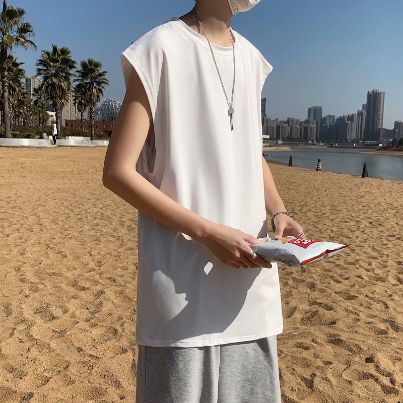 Hong Kong Style ins Summer Trendy Base Shirt Loose Sports Vest Sleeveless T-shirt Men's Korean-style Short-sleeved Outer Wear Solid Color Top - Image 1