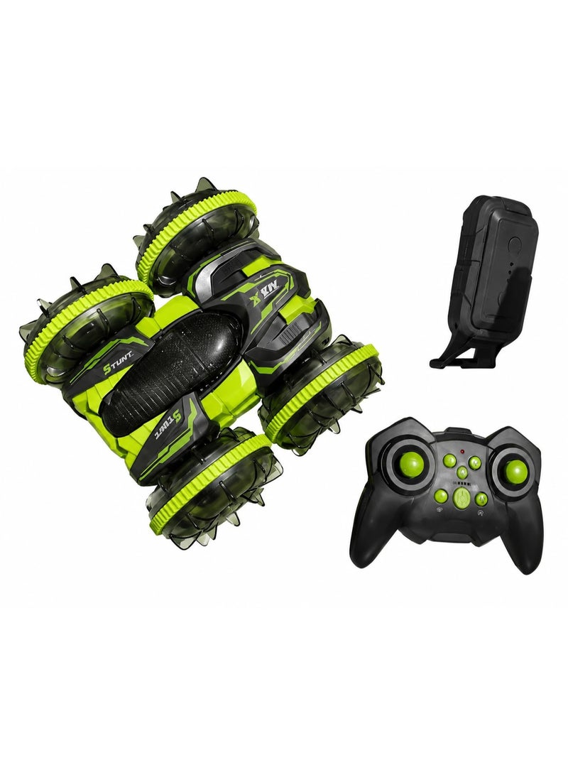 vGRASSP Amphibious Remote Control Car, Rechargeable RC Stunt Vehicle with 2.4 GHz Controller, Gesture Control Watch, LED Light and Multi-Directional Wheels, Land and Water Use, 30 x 20 x 5 cm, Green and Black - Image 1