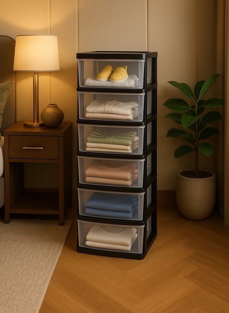 المفرج خزانة بـ 6 أدراج شفاف /أسود 42×34×124 سم