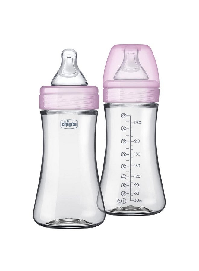 Chicco Chicco Duo 9oz. Hybrid Baby Bottle with Invinci-Glass Inside/Plastic Outside 2 Count (Pack of 1) with Slow Flow Anti-Colic Nipple - Pink  - Image 1