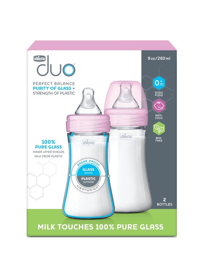 Chicco Chicco Duo 9oz. Hybrid Baby Bottle with Invinci-Glass Inside/Plastic Outside 2 Count (Pack of 1) with Slow Flow Anti-Colic Nipple - Pink  - Image 2