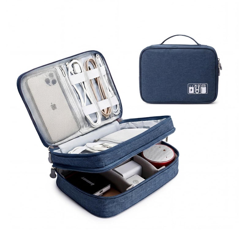 Lanola Travel Cable Organizer Bag, Electronic Accessories Case Portable Double Layer Cable Storage Bag for Cord,phone,Charger, Flash Drive, Phone, SD Card,Personal Items - (Dark Blue) - Image 1