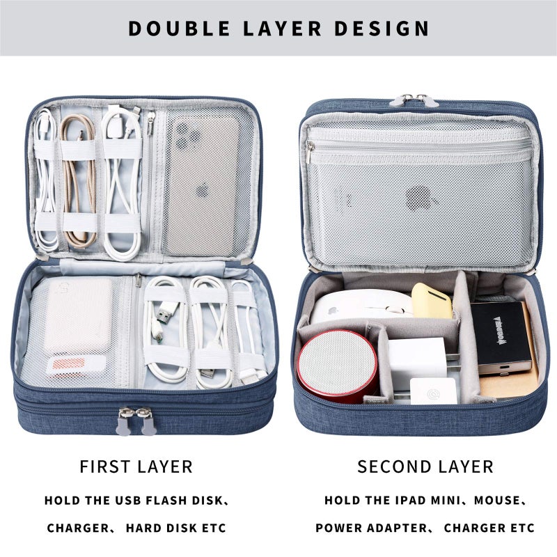 Lanola Travel Cable Organizer Bag, Electronic Accessories Case Portable Double Layer Cable Storage Bag for Cord,phone,Charger, Flash Drive, Phone, SD Card,Personal Items - (Dark Blue) - Image 3