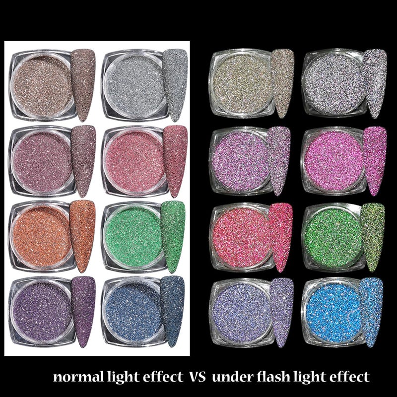 Fcozpjk Reflective Glitter Powder Set, 8 Colors Sparkle Diamond Nail Glitter Dust, Silver Pink Purple Green Loose Glitter for Nails, Shiny Sugar Nail Powder Dipping Pigment, Nail Supplies - Image 5
