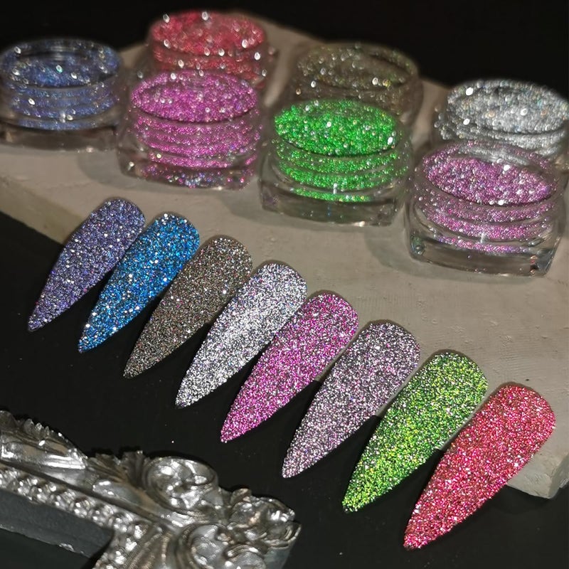 Fcozpjk Reflective Glitter Powder Set, 8 Colors Sparkle Diamond Nail Glitter Dust, Silver Pink Purple Green Loose Glitter for Nails, Shiny Sugar Nail Powder Dipping Pigment, Nail Supplies - Image 3
