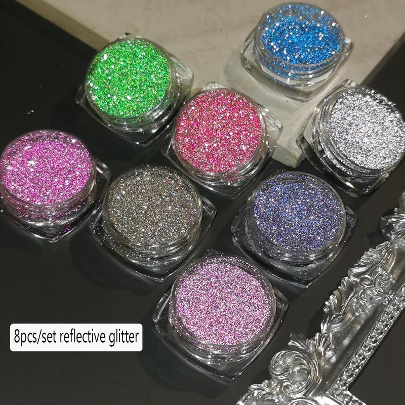 Fcozpjk Reflective Glitter Powder Set, 8 Colors Sparkle Diamond Nail Glitter Dust, Silver Pink Purple Green Loose Glitter for Nails, Shiny Sugar Nail Powder Dipping Pigment, Nail Supplies - Image 2