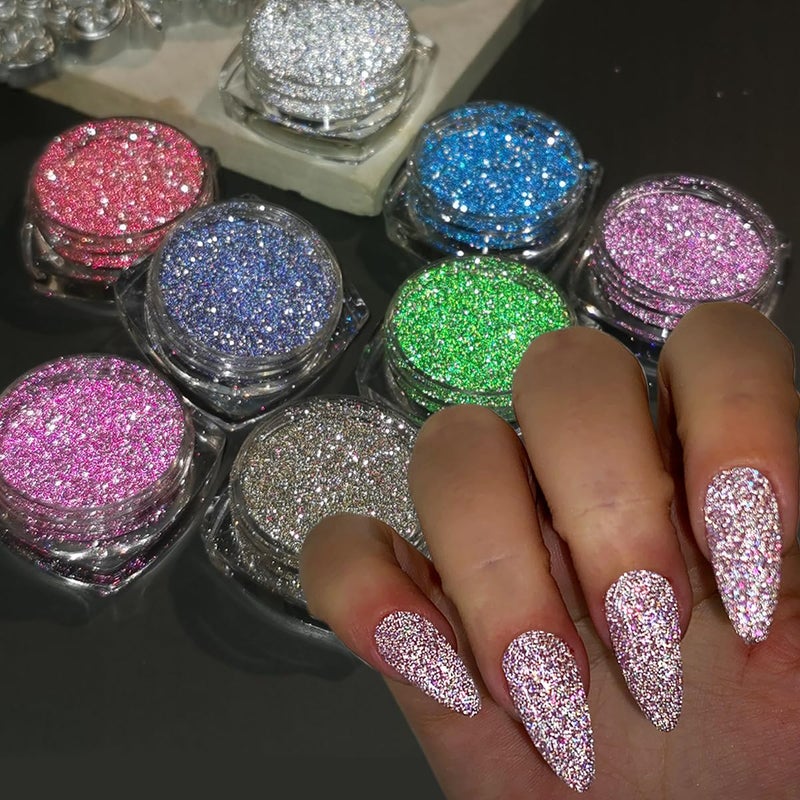 Fcozpjk Reflective Glitter Powder Set, 8 Colors Sparkle Diamond Nail Glitter Dust, Silver Pink Purple Green Loose Glitter for Nails, Shiny Sugar Nail Powder Dipping Pigment, Nail Supplies - Image 1