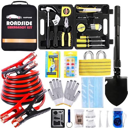 HAIPHAIK Emergency Roadside Kit for Car,Emergency Kits for Vehicles,Safety Kits for Cars, Car Jumper Cables Kit(11.8 Foot Upgrade) 124 Pcs,Tow Strap, Folding Survival Shovel,Car Tool Kit - Image 1