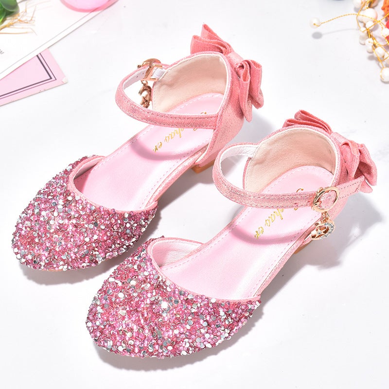 Girls Crystal High Heel Stage Shoes for Performances Pink