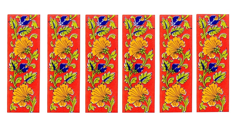 Shiv Kripa Blue Pottery Home Decor Wall Mural Mosaic Tiles Ceramic Handmade Wall Decor Tiles 2 x 6 Inch Set of 6 Tiles Multi Color