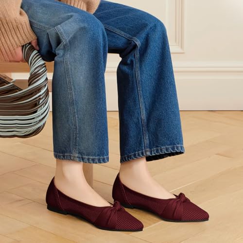 TINGRISE Women's Flats Shoes Comfortable Dressy Pointed Toe Knit Washable Ballet Flat Red US6.5 - Image 5