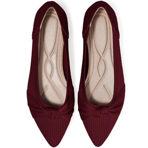 TINGRISE Women's Flats Shoes Comfortable Dressy Pointed Toe Knit Washable Ballet Flat Red US6.5 - Image 1
