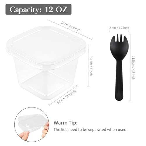 Qeirudu 50 Pack 12 oz Plastic Parfait Cups with Lids and Sporks, Disposable Square Dessert Cups with Lids Cake Containers for Fruits Oatmeal Yogurt Mousse Ice Creams Strawberry Shortcake - Image 2
