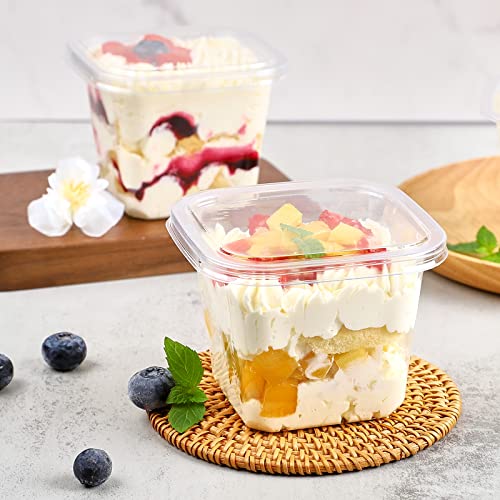 Qeirudu 50 Pack 12 oz Plastic Parfait Cups with Lids and Sporks, Disposable Square Dessert Cups with Lids Cake Containers for Fruits Oatmeal Yogurt Mousse Ice Creams Strawberry Shortcake - Image 5