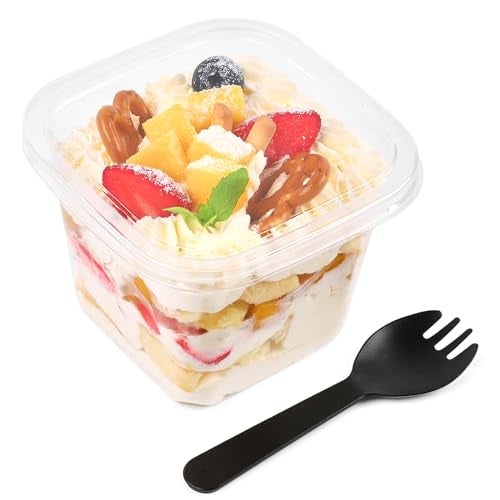 Qeirudu 50 Pack 12 oz Plastic Parfait Cups with Lids and Sporks, Disposable Square Dessert Cups with Lids Cake Containers for Fruits Oatmeal Yogurt Mousse Ice Creams Strawberry Shortcake - Image 1