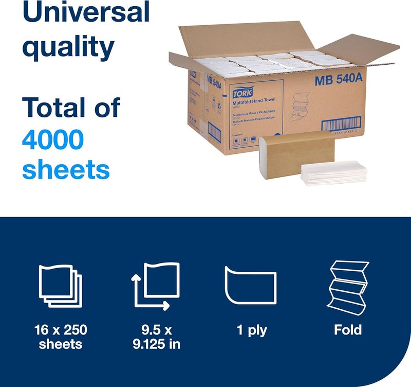 Tork Universal MB540A Multifold Paper Hand Towel 1-Ply 9.5 Width x 9.13 Length White (Case of 16 Packs 250 per Pack 4000 Towels) - Image 2