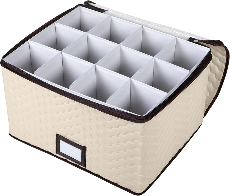 HOLDN’ STORAGE صندوق تخزين كؤوس النبيذ مع فواصل - يستوعب 12 كأسًا بعرض يصل إلى 3.75 بوصة - حقيبة تخزين أواني الزجاج - يحمي الخزف الصيني الفاخر - حاوية متينة من الألياف الدقيقة المبطنة بمقابض حمل - مثالي للنبيذ الأبيض - Image 2
