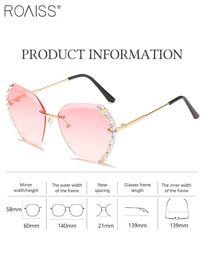roaiss - Women's Butterfly Rimless Sunglasses, UV400 Protection Sun Glasses with Rhinestones Decoration, Oversize Fashion Anti-glare Sun Shades for Women with Glasses Case, 60mm, Pink - Image 1